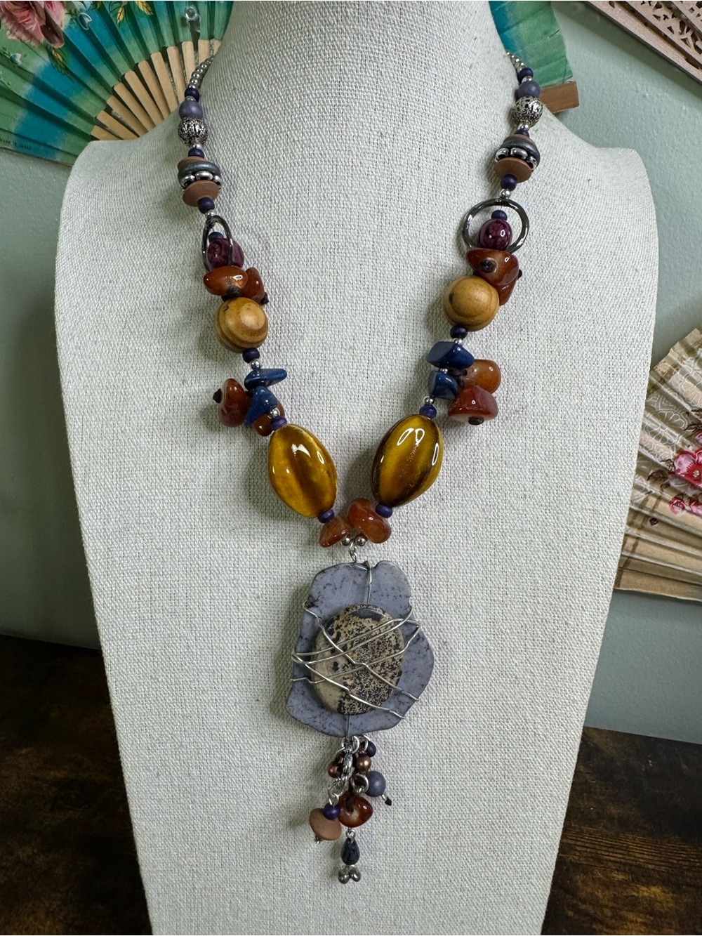 Chico's DYVETTE Necklace Carnelian, Lapis & Brown Mixed Stone Pendant
